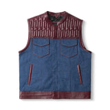 Mens Oxblood Leather and Blue Denim Waistcoat