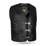 Side profile of Short Body Fish Hook Waistcoat with perforated leather and zipper adjustments for waist size.
