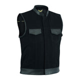 Front view of the SOA Trim Pre Waistcoat featuring pure black cotton denim with cow mild leather accents. The waistcoat has an antique brass YKK No.5 zipper for front closure, with four front hidden brass snaps for secure closure and two chest pockets with leather flaps.