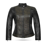 Ladies black leather jacket front view Engraved sheep leather, slim fit design.