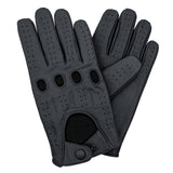 A pair of Leatherick men's black genuine leather driving gloves with knuckle holes and breathable perforated detail.