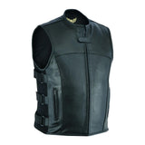 Front view of SWAT Premium Waistcoat made of black cow milled leather, featuring YKK Vislon zippers, adjustable side straps, and a sleek UK design.