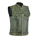 Side view of the SOA Distressed Brown Waistcoat with adjustable side waistbands and brass snap buttons for a custom fit.