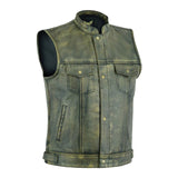 Side view of the SOA Distressed Brown Waistcoat with adjustable side waistbands and brass snap buttons for a custom fit.