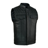 Side profile of SOA Black Leather Waistcoat featuring double stitching and smooth cowhide leather