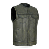 Chaleco de cuero sin cuello marrón desgastado Leatherick Anarchy Club