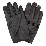 Leatherick men's black genuine leather driving gloves with red stitching and breathable perforated panels.