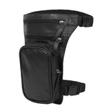 Black real leather drop leg bag for bikers featuring multiple zip pockets and adjustable waist and thigh straps.