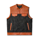 Mens Charcoal Denim Biker Waistcoat - Tan Thunder Yoke