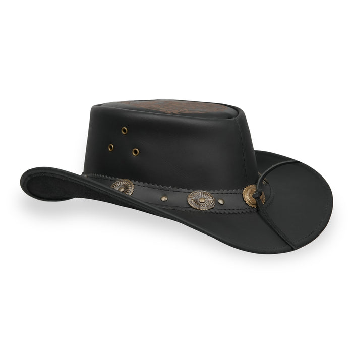 Laser Engraved Biker-Skull Design Black Bush Leather Hat