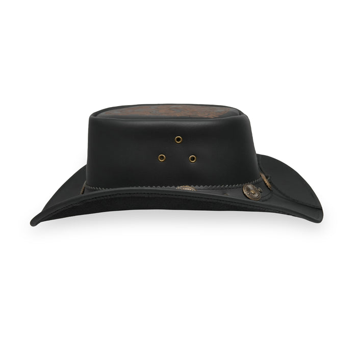 Laser Engraved Biker-Skull Design Black Bush Leather Hat