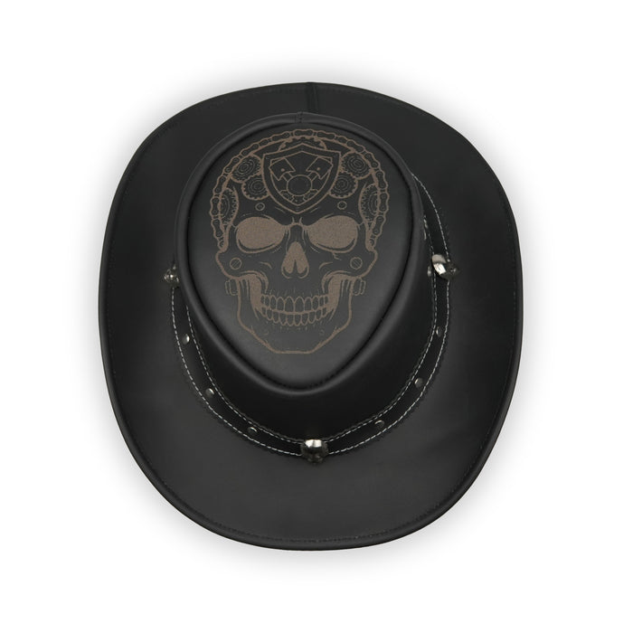 Laser Engraved Royal-Skull Design Black Bush Leather Hat