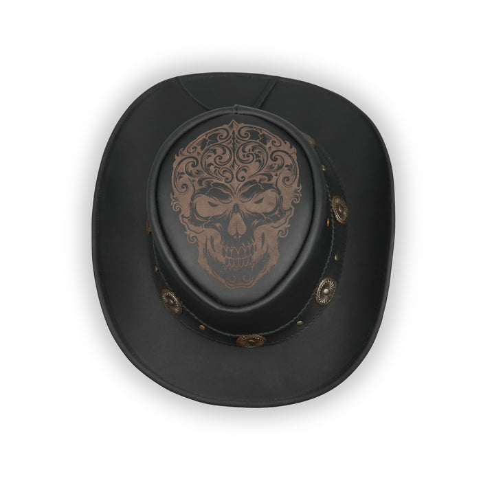Laser Engraved Biker-Skull Design Black Bush Leather Hat
