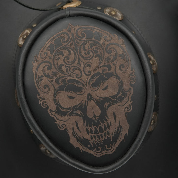 Laser Engraved Biker-Skull Design Black Bush Leather Hat