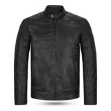 A front flat view of a men's black lambskin leather jacket with a snap-button mandarin collar, full-length front zipper, and two side pockets.