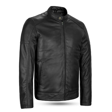 A front three-quarter view of a men's black lambskin leather jacket featuring a sleek mandarin collar, zippered front closure, and side pockets.