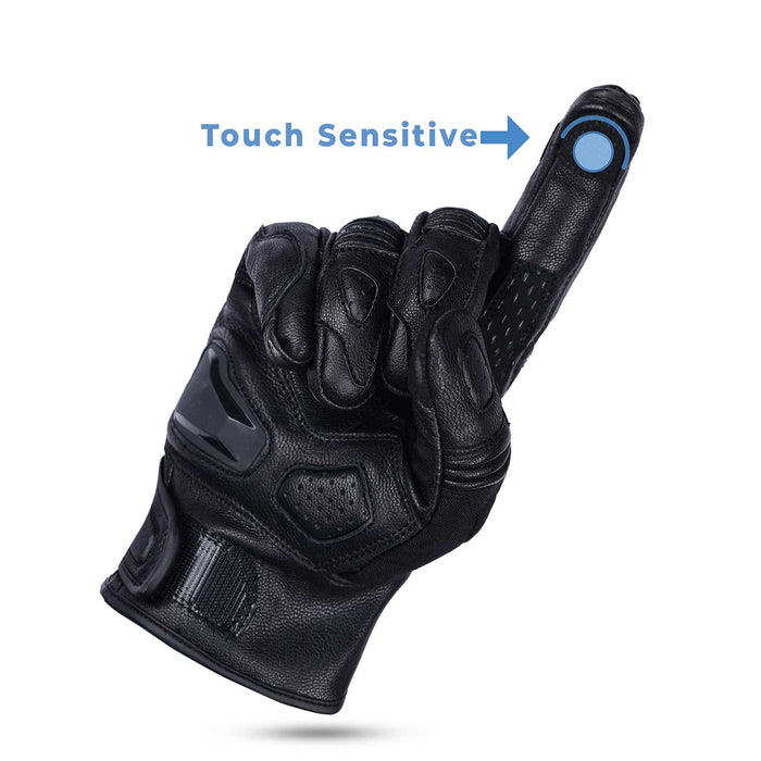 Leatherick CE certified men's black motorbike protective gloves featuring touch-sensitive fingertips for easy smartphone and GPS use while riding.