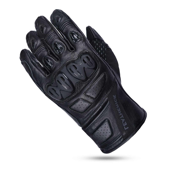 Leatherick CE certified men's black motorbike protective gloves with integrated knuckle protection and hard-shell finger armour.