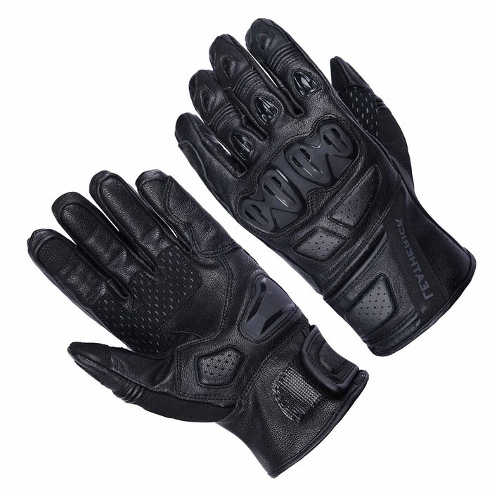 Leatherick CE certified men's black motorbike protective gloves with hard-shell knuckle armour and palm protection.