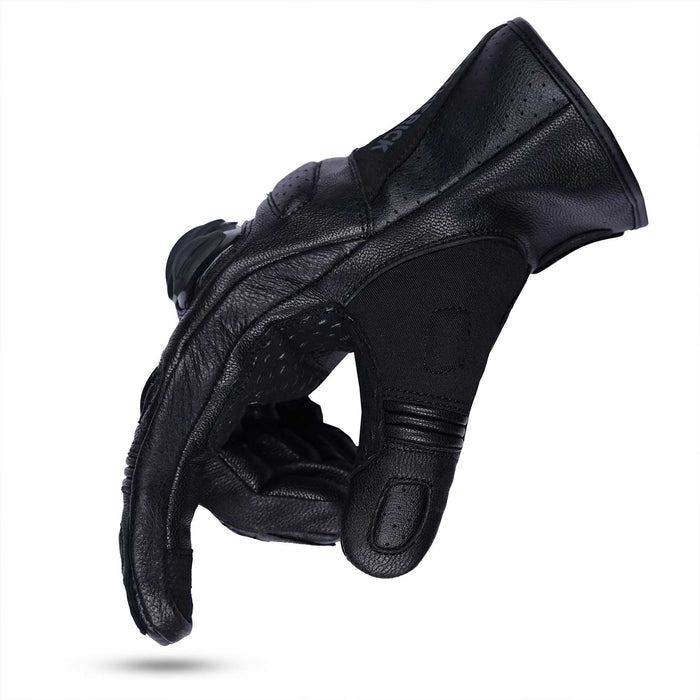 Leatherick CE certified men's black motorbike protective gloves showing side profile with reinforced leather construction and perforated detailing.