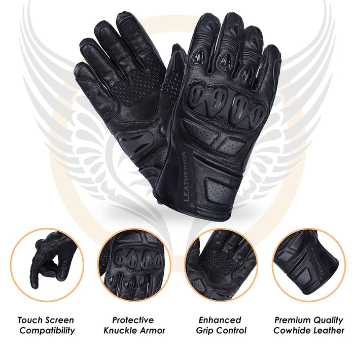Leatherick CE certified men's black cowhide leather motorbike gloves featuring touch screen compatibility, protective knuckle armour, and enhanced grip control.