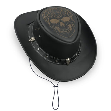 Laser Engraved Biker-Skull Design Black Bush Leather Hat