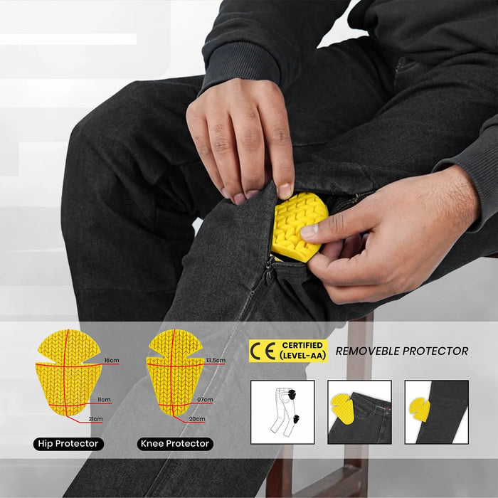 An infographic demonstrating the removable CE Level AA certified knee and hip armor inserts for men's black motorcycle riding jeans.