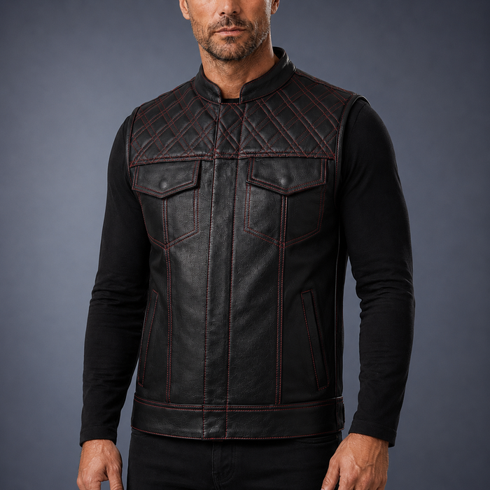 Leatherick Red Diamond Stitch Leather Vest