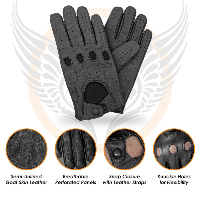 Leatherick men's black goat skin leather driving gloves featuring breathable perforated panels, knuckle holes, and a secure snap closure strap.