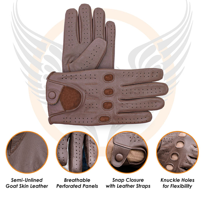 Leatherick men's dark brown goat skin driving gloves with breathable perforated panels, knuckle holes, and a secure snap closure strap.