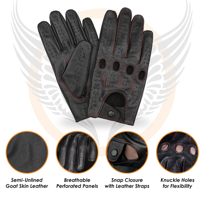 Leatherick men's black goat skin driving gloves with red stitching, breathable perforated panels, and a secure snap closure.