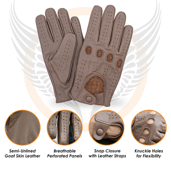 Leatherick unisex tan brown goat skin driving gloves featuring breathable perforated panels, flexible knuckle holes, and a secure snap closure strap.