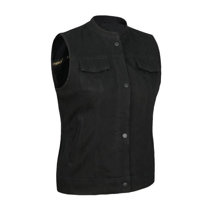 Ladies Denim Collar Open Button Biker Waistcoat