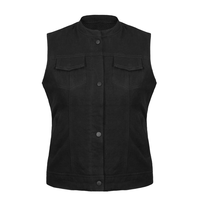 Ladies Denim Collar Open Button Biker Waistcoat