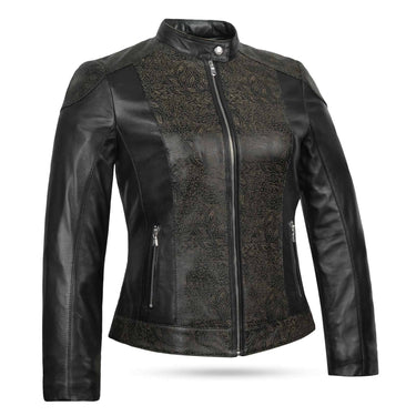 Side profile of ladies engraved leather jacket  Real sheep leather.