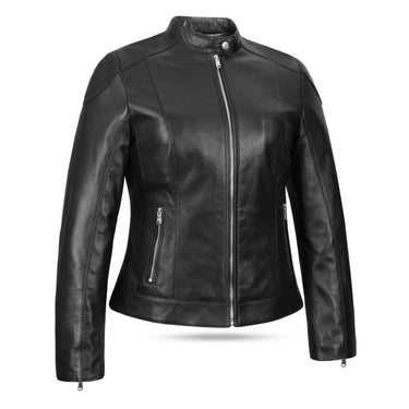 LadiesBlackLeatherJacketSideFront Image