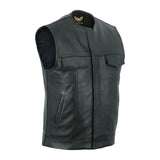 Side view of Men’s SOA Premium Collarless Waistcoat showcasing polished armhole leather finishing.