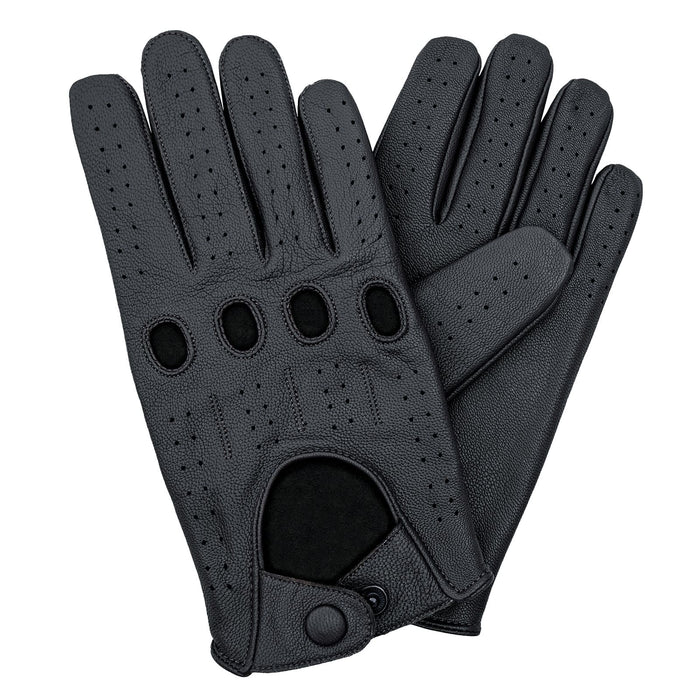 A pair of Leatherick men's black genuine leather driving gloves with knuckle holes and breathable perforated detail.