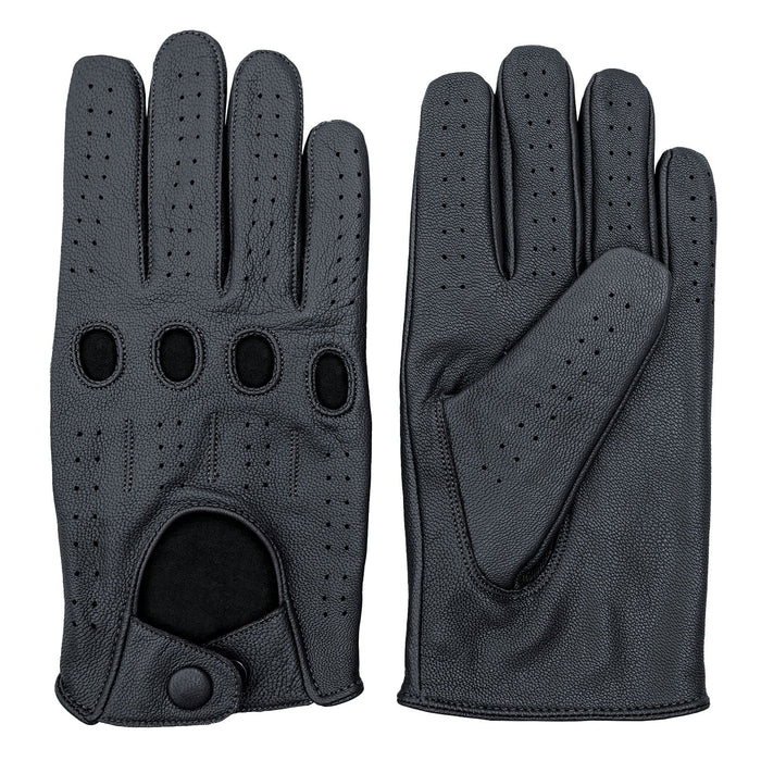 Leatherick men's black genuine leather driving gloves showing the palm and perforated back with knuckle holes.