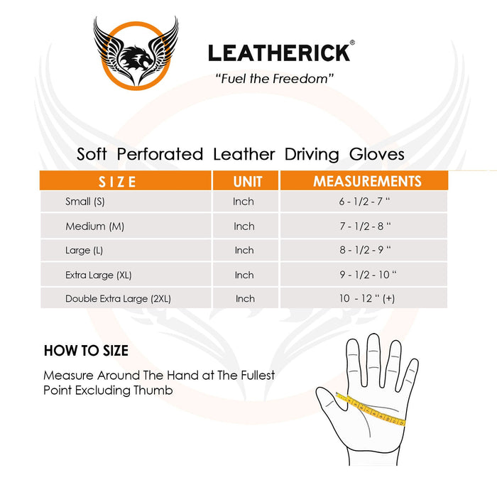 Leatherick men's driving gloves size guide and chart showing how to measure hand circumference in inches.