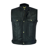 Front view of SOA Open Button Premium Waistcoat for Men made with 1.1-1.2mm Black Cow Milled Leather, featuring open brass snap buttons and chest pockets.