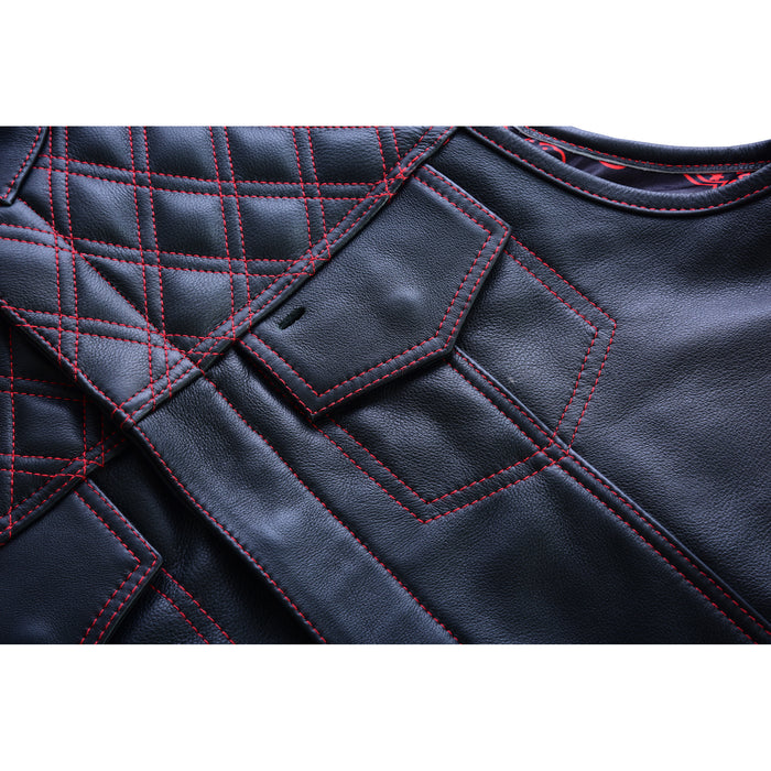 Close-up of chest pockets on SOA Pre Red Diamond Waistcoat with red double stitching and a sunglasses hole on the left pocket