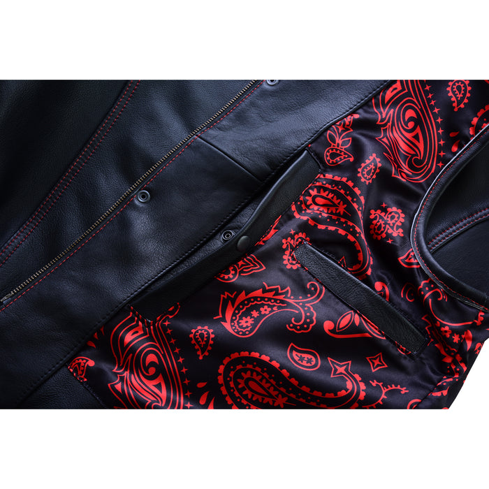 Detailed view of the waist pockets on the SOA Pre Red Diamond Waistcoat with black leather and brass snap closures.