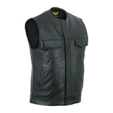 Collarless Mens Black Leather Motorcycle Biker Vest