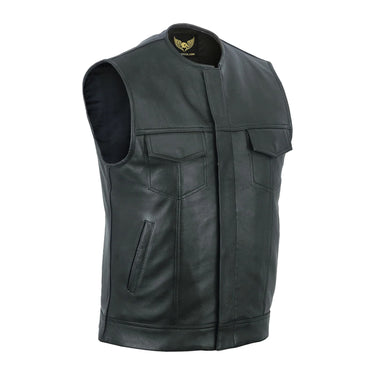 Collarless Mens Black Leather Motorcycle Biker Vest