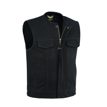 Collarless Black Denim Biker Vest