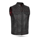 Mens Black Leather Vest – Red Diamond Stitch