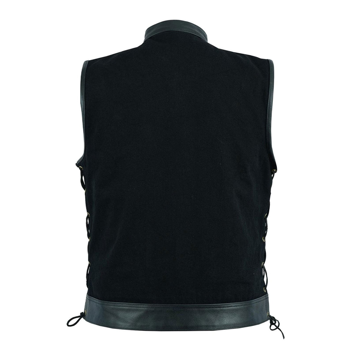 Back view of the SOA Side Lace Trim Pre Waistcoat, highlighting a single large back panel with breathable mesh fabric lining for added comfort and ventilation. The design features leather side laces for waist size adjustments.