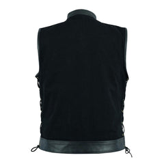 Back view of the SOA Side Lace Trim Pre Waistcoat, highlighting a single large back panel with breathable mesh fabric lining for added comfort and ventilation. The design features leather side laces for waist size adjustments.