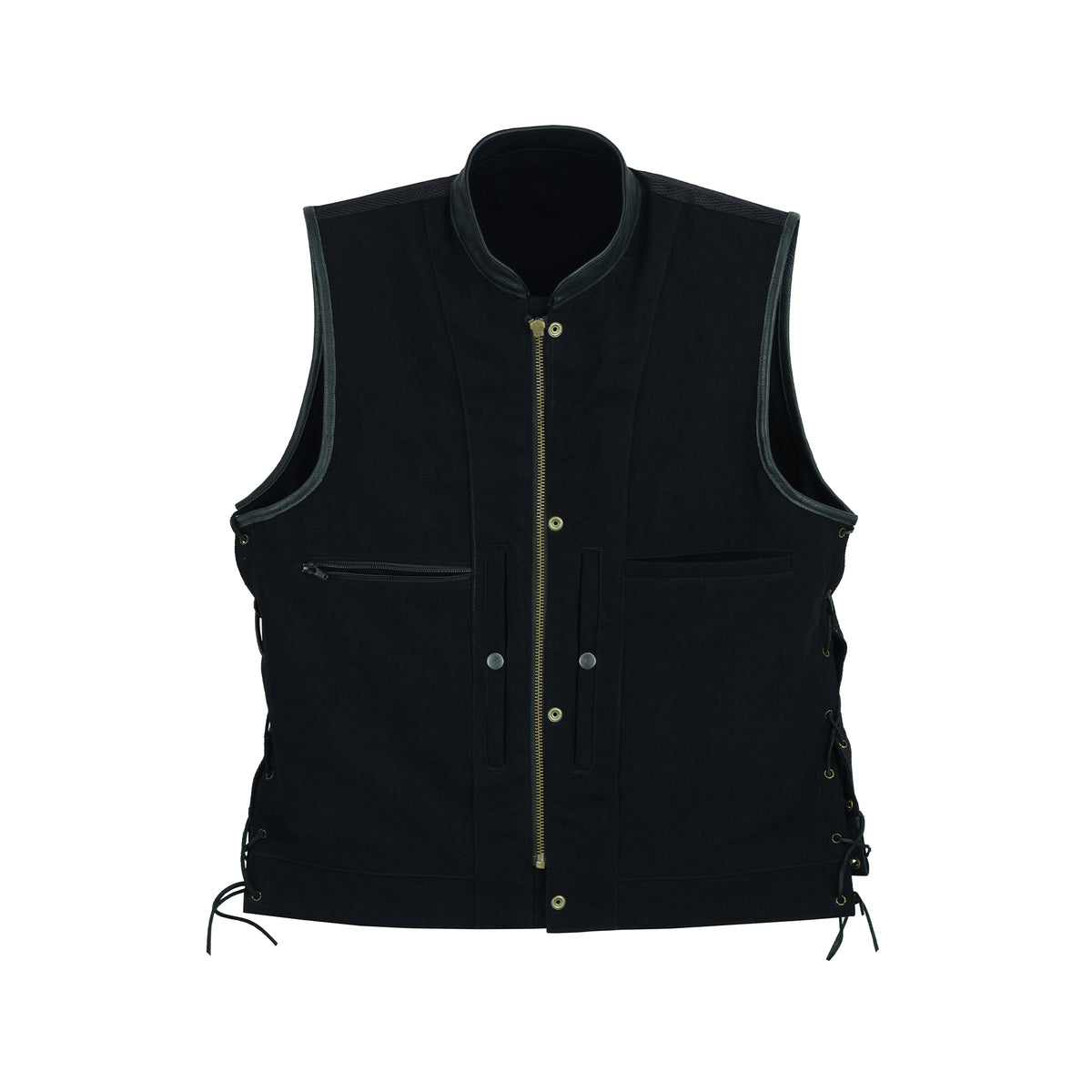 Inside view of the waistcoat showing a YKK No.5 coil zipper pocket on the left side, along with other pockets stitched with micro liner, including a simple inside pocket and deep concealed gun pockets with snap closures.